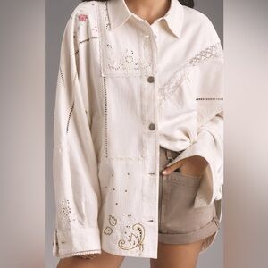 Anthropologie Reworked Embroidered Oversized Denim Shirt Jacket‎ Size Medium